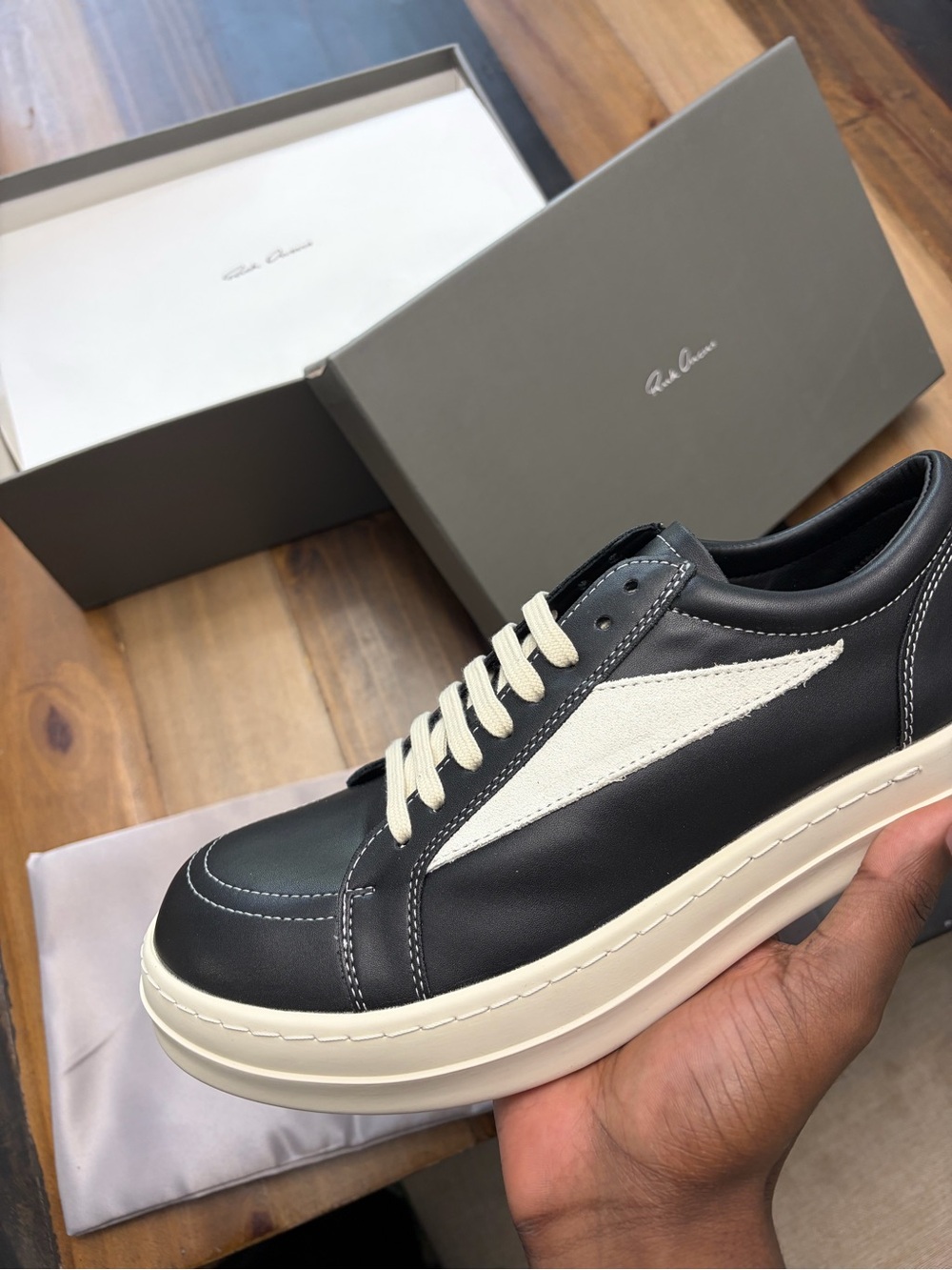 Rick owen Black Leather Low-Top Sneakers with Cream Accents